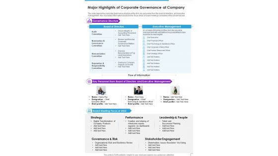 Major Highlights Of Corporate Governance At Company Template 343 One Pager Documents