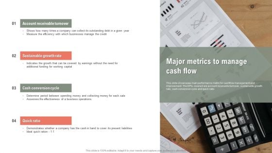 Major Metrics To Manage Cash Flow Ppt Infographics Portfolio PDF