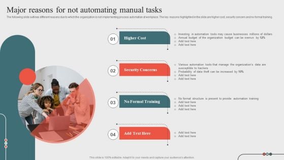 Major Reasons For Not Automating Manual Tasksoptimizing Business Processes Through Automation Infographics PDF