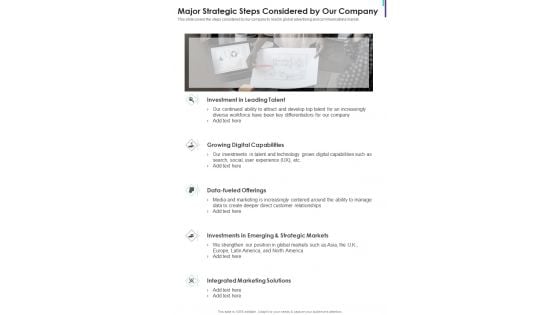 Major Strategic Steps Considered By Our Company One Pager Documents Major Strategic Steps Considered By Our Company One Pager Documents