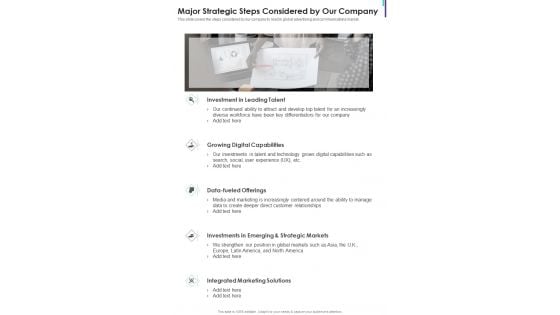 Major Strategic Steps Considered By Our Company One Pager Documents