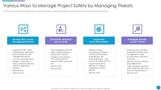 Major Techniques For Project Safety IT Various Ways To Manage Project Safety By Managing Threats Professional PDF