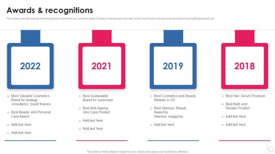 Makeup And Beauty Care Products Company Profile Awards And Recognitions Slides PDF Makeup And Beauty Care Products Company Profile Awards And Recognitions Slides PDF