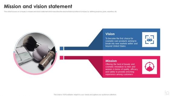 Makeup And Beauty Care Products Company Profile Mission And Vision Statement Mockup PDF