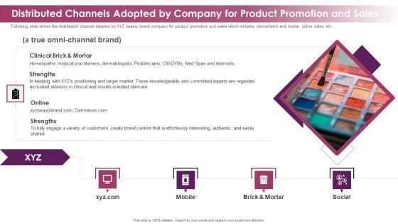 Makeup And Skincare Brand Distributed Channels Adopted By Company For Product Promotion Icons PDF
