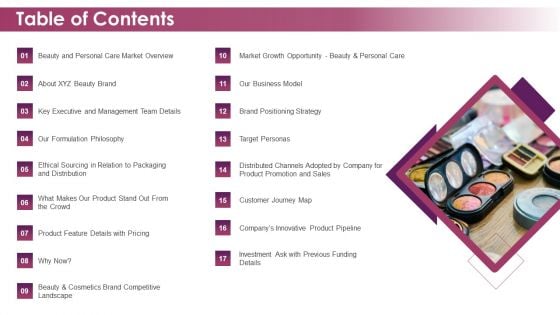 Makeup And Skincare Brand Table Of Contents Ppt PowerPoint Presentation File Deck PDF