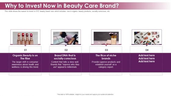 Makeup And Skincare Brand Why To Invest Now In Beauty Care Brand Ppt Ideas Skills PDF