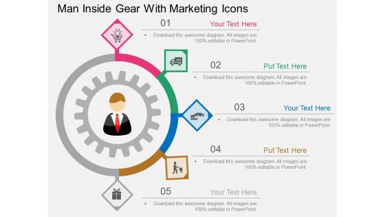 Man Inside Gear With Marketing Icons Powerpoint Template