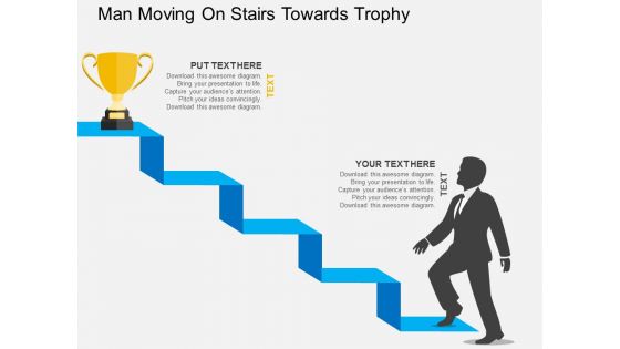 Man Moving On Stairs Towards Trophy Powerpoint Templates