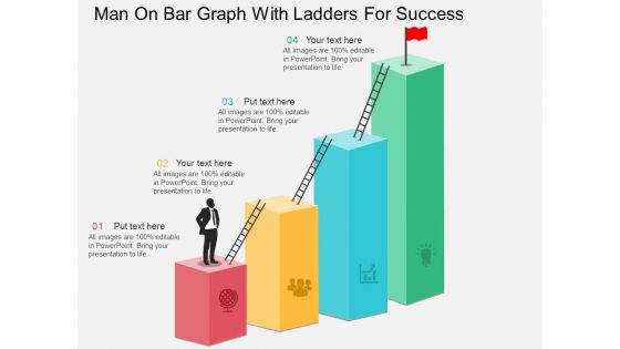 Man On Bar Graph With Ladders For Success Powerpoint Template
