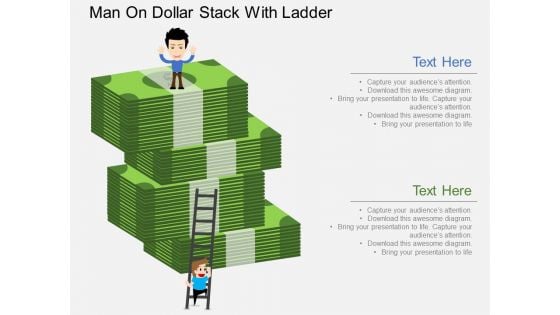 Man On Dollar Stack With Ladder Powerpoint Template Man On Dollar Stack With Ladder Powerpoint Template