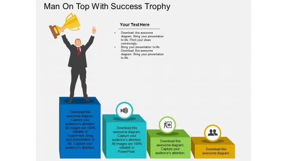 Man On Top With Success Trophy Powerpoint Template