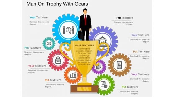 Man On Trophy With Gears Powerpoint Template