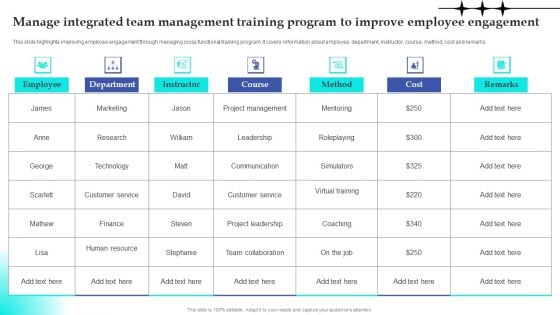 Manage Integrated Team Management Training Program To Improve Employee Engagement Introduction PDF