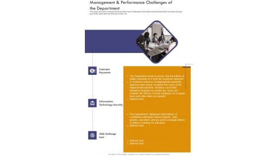 Management And Performance Challenges Of The Department One Pager Documents