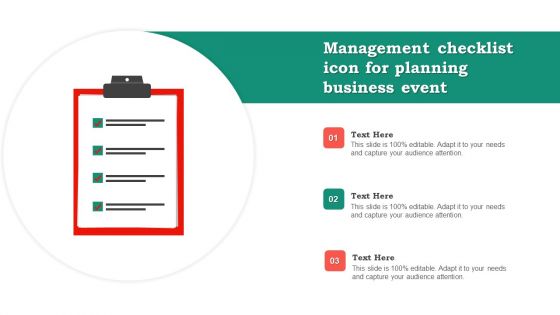 Management Checklist Icon For Planning Business Event Slides PDF