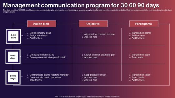 Management Communication Program For 30 60 90 Days Demonstration PDF Management Communication Program For 30 60 90 Days Demonstration PDF