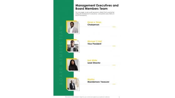 Management Executives And Board Members Team One Pager Documents