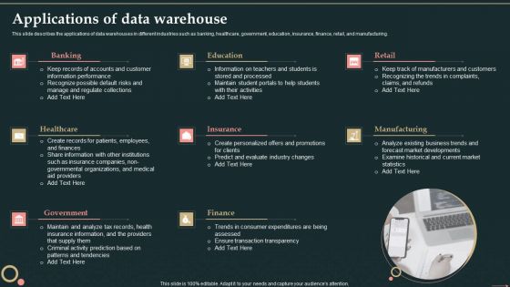 Management Information System Applications Of Data Warehouse Icons PDF