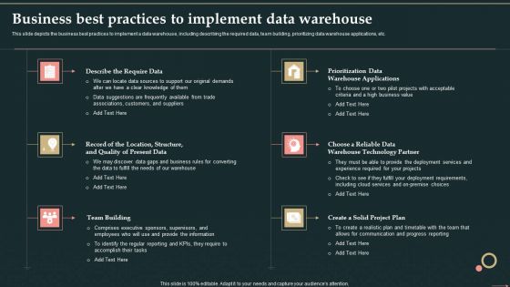 Management Information System Business Best Practices To Implement Data Warehouse Graphics PDF