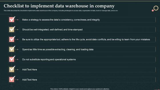 Management Information System Checklist To Implement Data Warehouse In Company Themes PDF