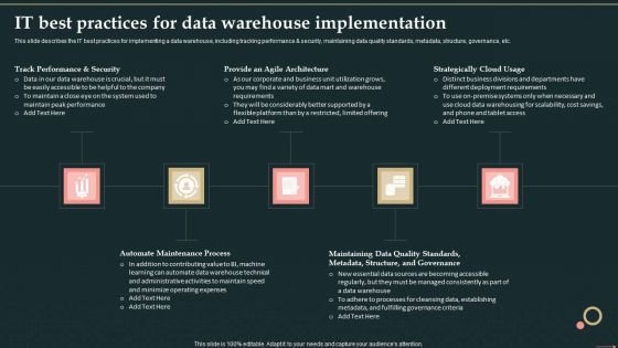 Management Information System IT Best Practices For Data Warehouse Implementation Icons PDF