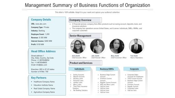 Management Summary Of Business Functions Of Organization Ppt PowerPoint Presentation Model Design Ideas PDF