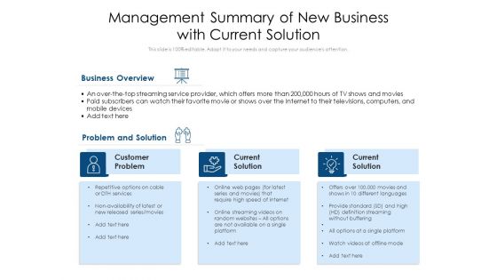 Management Summary Of New Business With Current Solution Ppt PowerPoint Presentation Model Influencers PDF