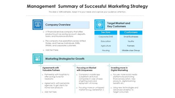 Management Summary Of Successful Marketing Strategy Ppt PowerPoint Presentation Infographic Template Designs PDF