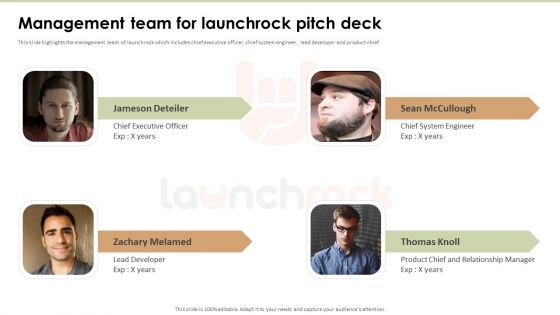 Management Team For Launchrock Pitch Deck Portrait PDF