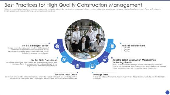 Management Techniques Best Practices For High Quality Construction Management Formats PDF