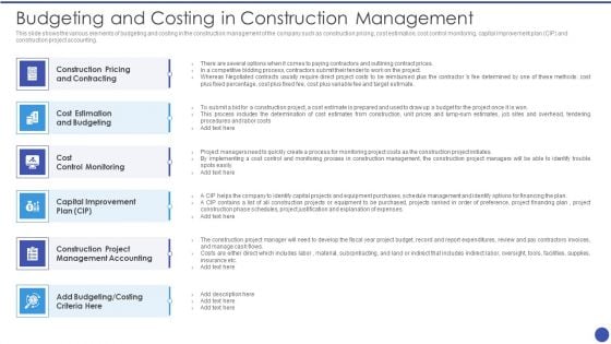 Management Techniques Budgeting And Costing In Construction Management Mockup PDF