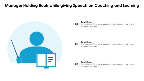 Manager Holding Book While Giving Speech On Coaching And Learning Ppt PowerPoint Presentation File Layouts PDF