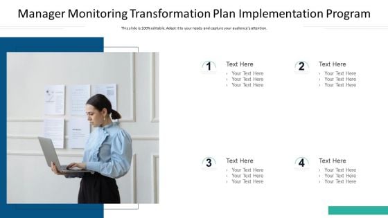 Manager Monitoring Transformation Plan Implementation Program Ppt PowerPoint Presentation Icon Diagrams PDF