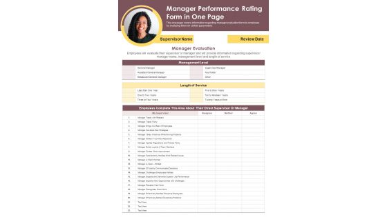 Manager Performance Rating Form In One Page PDF Document PPT Template