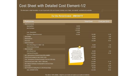 Managerial Accounting System Cost Sheet With Detailed Cost Element Ppt Show Clipart PDF