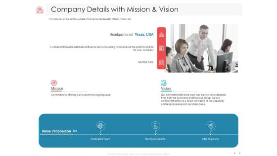 Managing CFO Services Company Details With Mission And Vision Ppt Pictures Smartart PDF