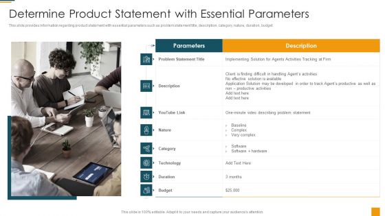 Managing Initial Stage Of Product Design And Development Determine Product Statement With Essential Parameters Information PDF
