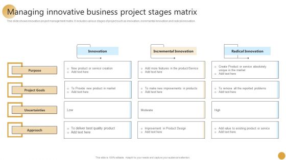 Managing Innovative Business Project Stages Matrix Ppt Layouts Files PDF