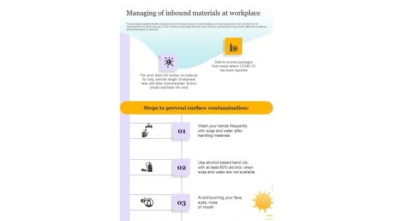 Managing Of Inbound Materials At Workplace One Pager Sample Example Document