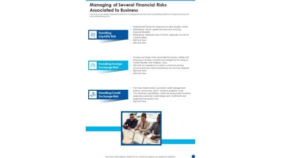 Managing Of Several Financial Risks Associated To Business Template 160 One Pager Documents