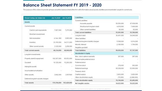 Managing Organization Finance Balance Sheet Statement FY 2019 2020 Ppt File Elements PDF