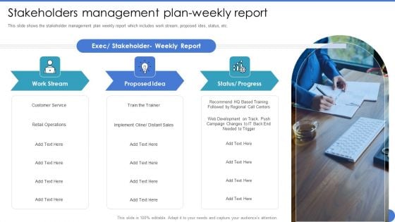Managing Stakeholder Relationship Stakeholders Management Plan Weekly Report Themes PDF