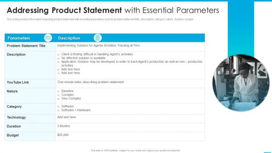 Managing Successful Product Launch To Market Addressing Product Statement With Essential Parameters Professional PDF