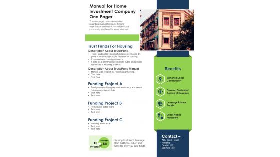 Manual For Home Investment Company One Pager PDF Document PPT Template