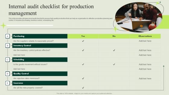 Manufacturing Quality Assurance And Control Measures Internal Audit Checklist Production Management Designs PDF