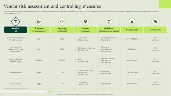 Manufacturing Quality Assurance And Control Measures Vendor Risk Assessment And Controlling Measures Brochure PDF