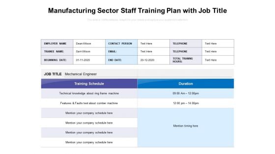 Manufacturing Sector Staff Training Plan With Job Title Ppt PowerPoint Presentation Summary Tips PDF