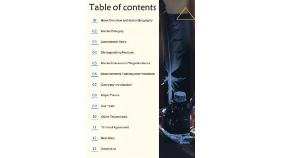 Manuscript Publishing Services Proposal Table Of Contents One Pager Sample Example Document