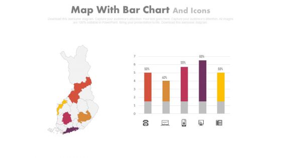 Map Diagram With Bar Graph And Icons Powerpoint Slides